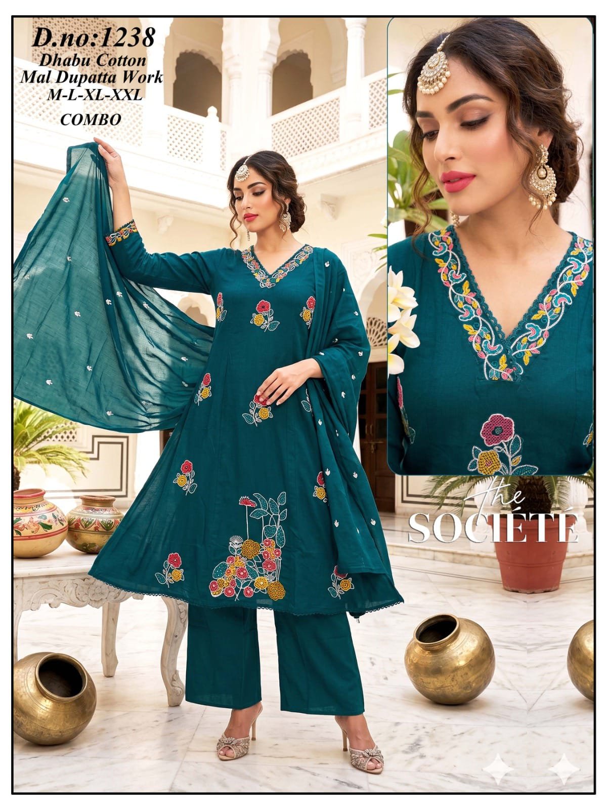 Dabu Cotton Mal Duppata Work- Dark Teal